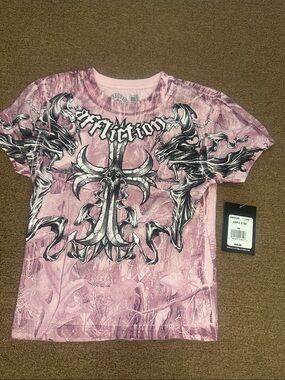 Affliction Pink Short Sleeve Graphic Cross Tee